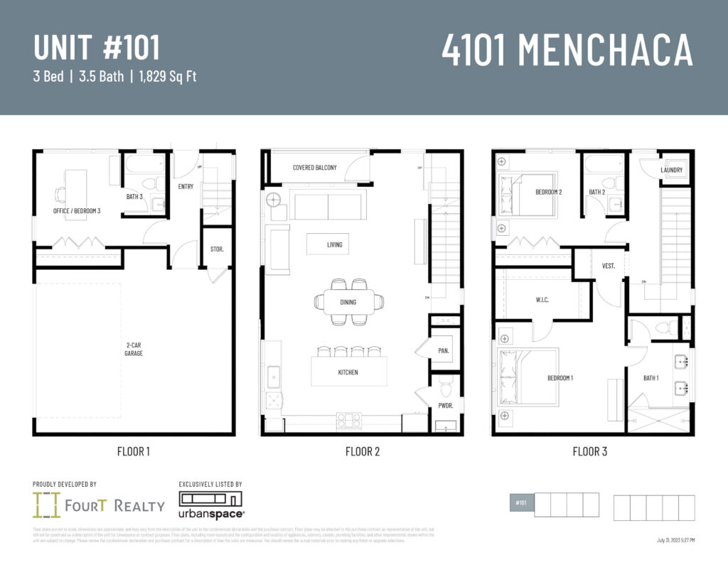 Unit 101 floor plan at 4101 Menchaca. 1,829 sqft 3-bed, 3.5-bath end unit with a 2-car garage at the development entrance. Click to expand.