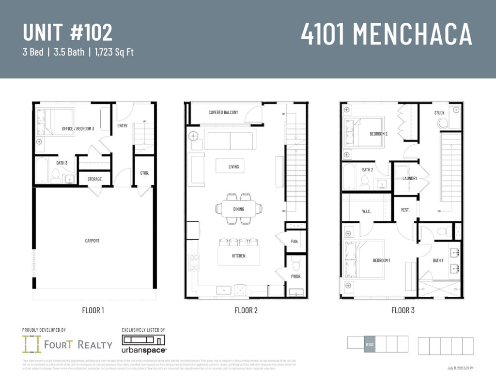 Unit 102 floor plan at 4101 Menchaca. 1,723 sqft 3-bed, 3.5-bath townhome with private carport in 78704. Click to expand.