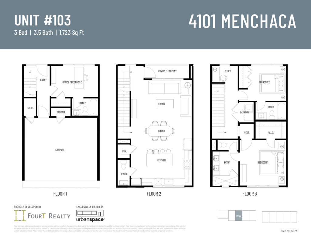 Unit 103 floor plan at 4101 Menchaca. 1,723 sqft 3-bed, 3.5-bath residence featuring open-concept layout and carport. Click to expand.