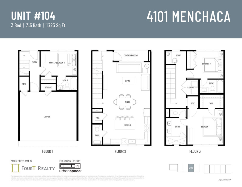 Unit 104 floor plan at 4101 Menchaca. 1,723 sqft 3-bed, 3.5-bath modern floor plan with Scandinavian finishes and carport. Click to expand.