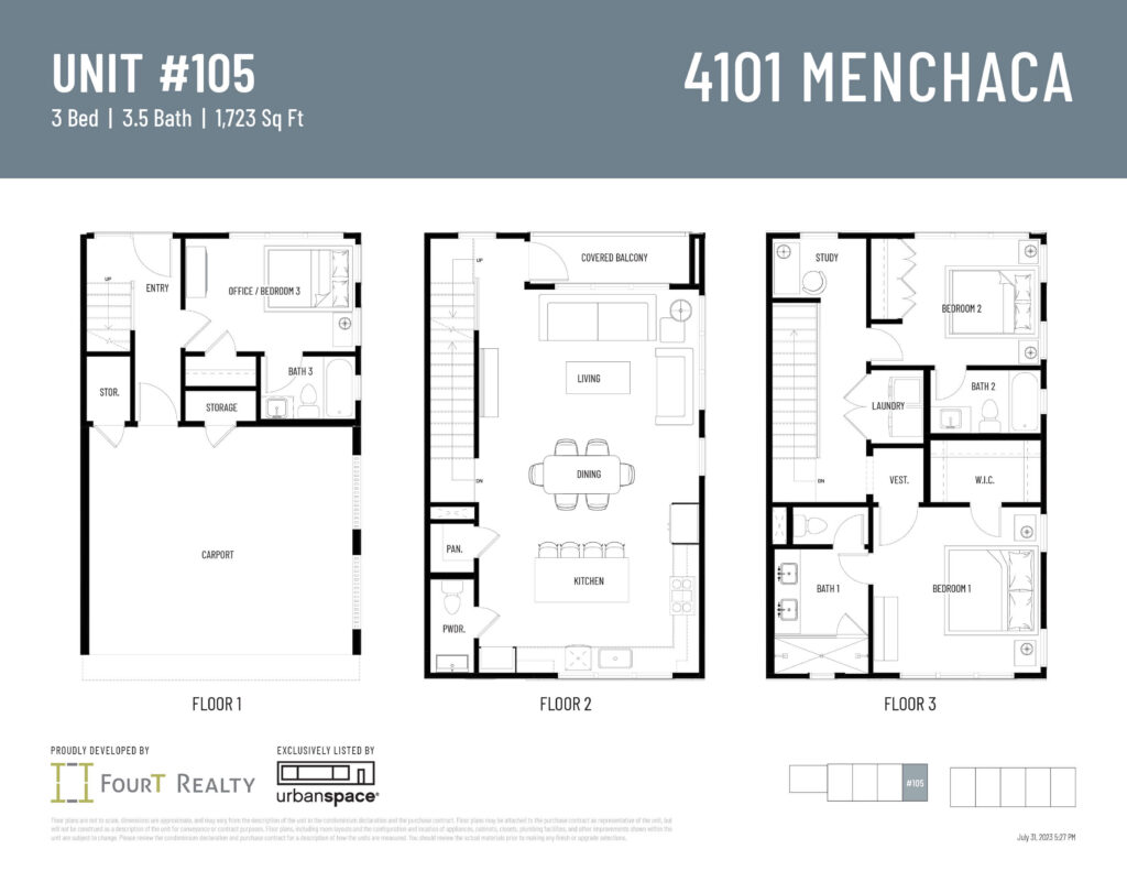 Unit 105 floor plan at 4101 Menchaca. 1,723 sqft 3-bed, 3.5-bath end unit with carport, located adjacent to community mailboxes. Click to expand.