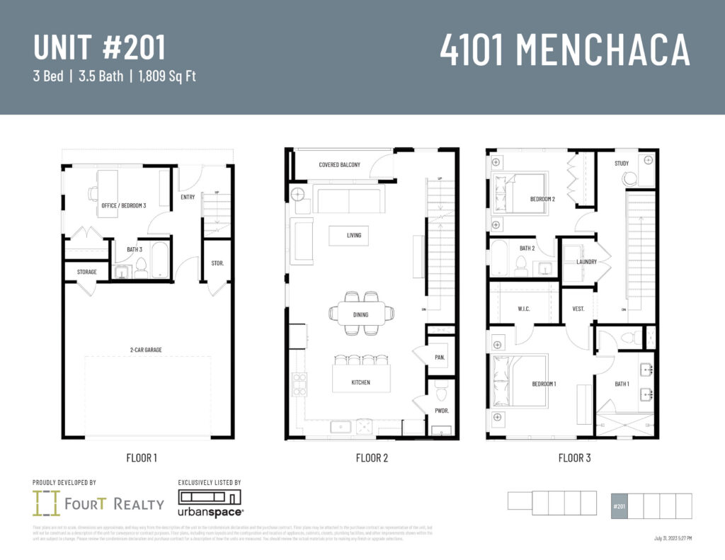 Unit 201 floor plan at 4101 Menchaca. 1,809 sqft 3-bed, 3.5-bath end unit with 2-car garage, steps from community mailboxes. Click to expand.