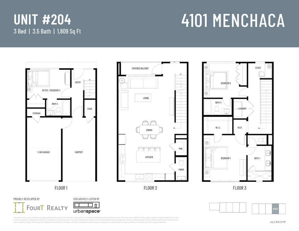 Unit 204 floor plan at 4101 Menchaca. 1,809 sqft 3-bed, 3.5-bath modern townhome with garage and carport in 78704. Click to expand.