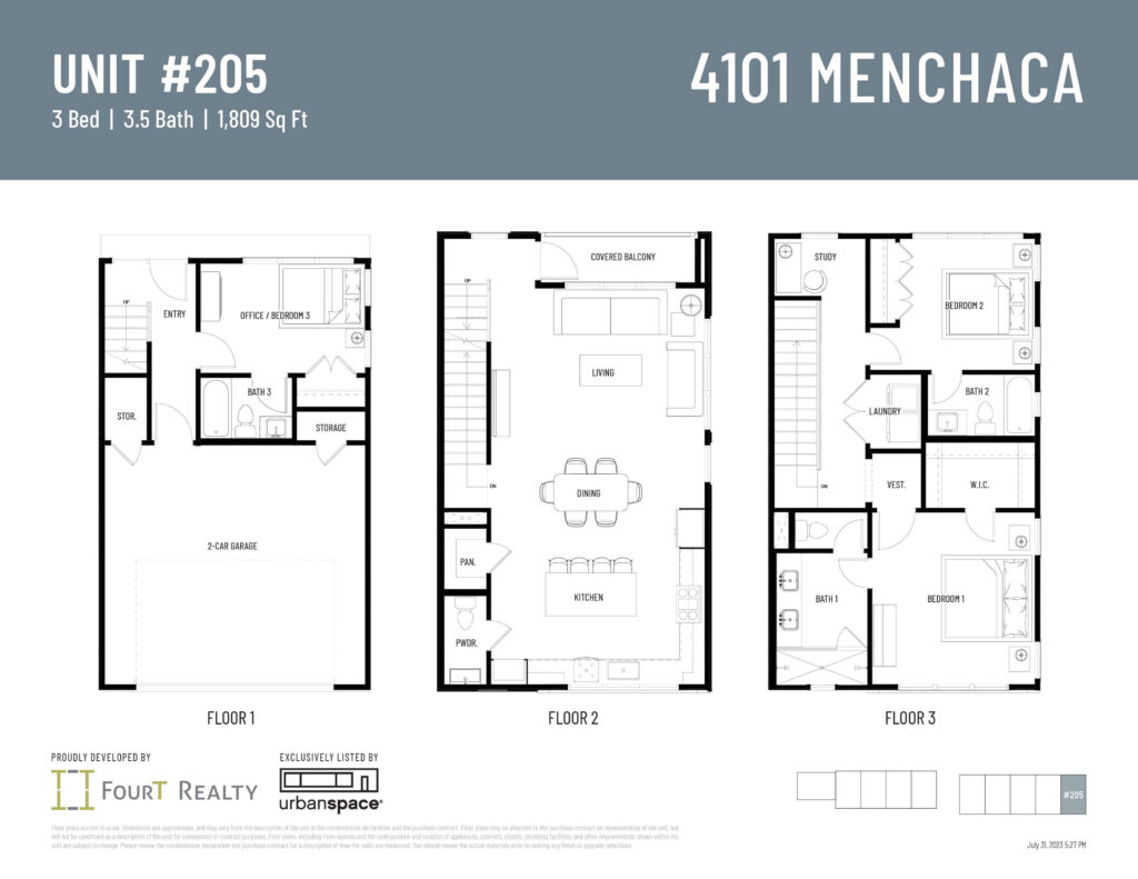 Unit 205 floor plan at 4101 Menchaca. 1,809 sqft 3-bed, 3.5-bath end unit with 2-car garage, closest to the dog park and grill area. Click to expand.