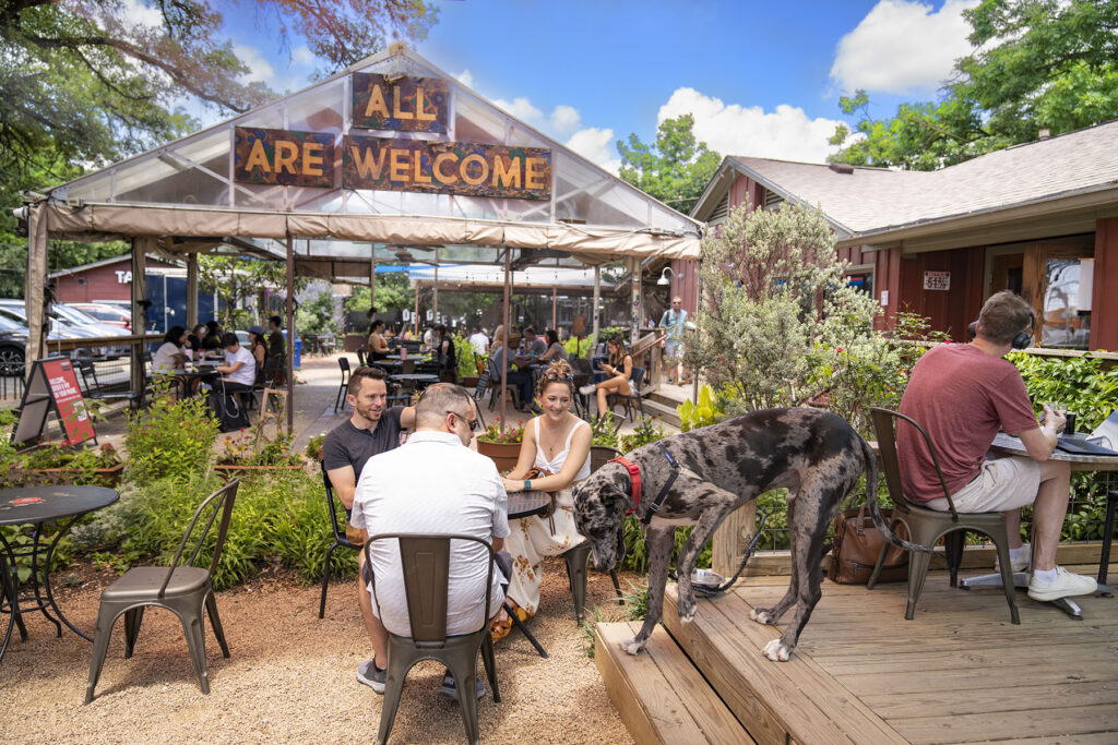 Exterior of Radio Coffee & Beer in South Austin, located directly across the street from the 4101 Menchaca modern residences in 78704.