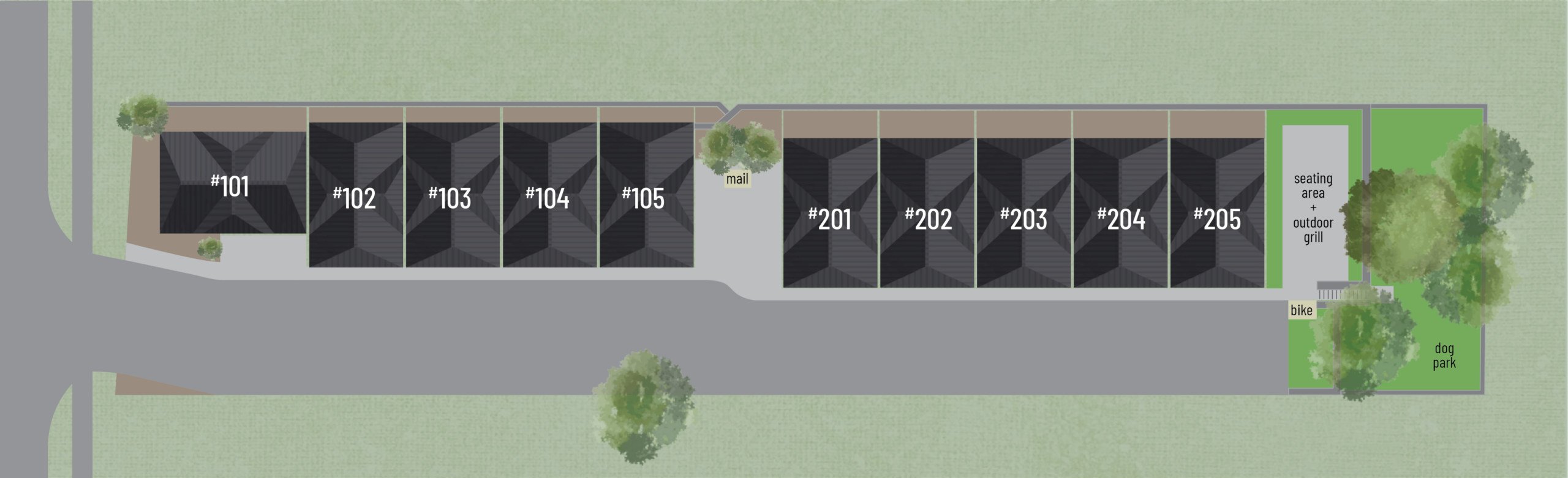 Illustrated site plan of 4101 Menchaca, a boutique 10-unit modern townhome enclave in South Austin’s 78704. Map shows the arrangement of three-story residences, the central entrance road, the private dog park, and the community grilling area.