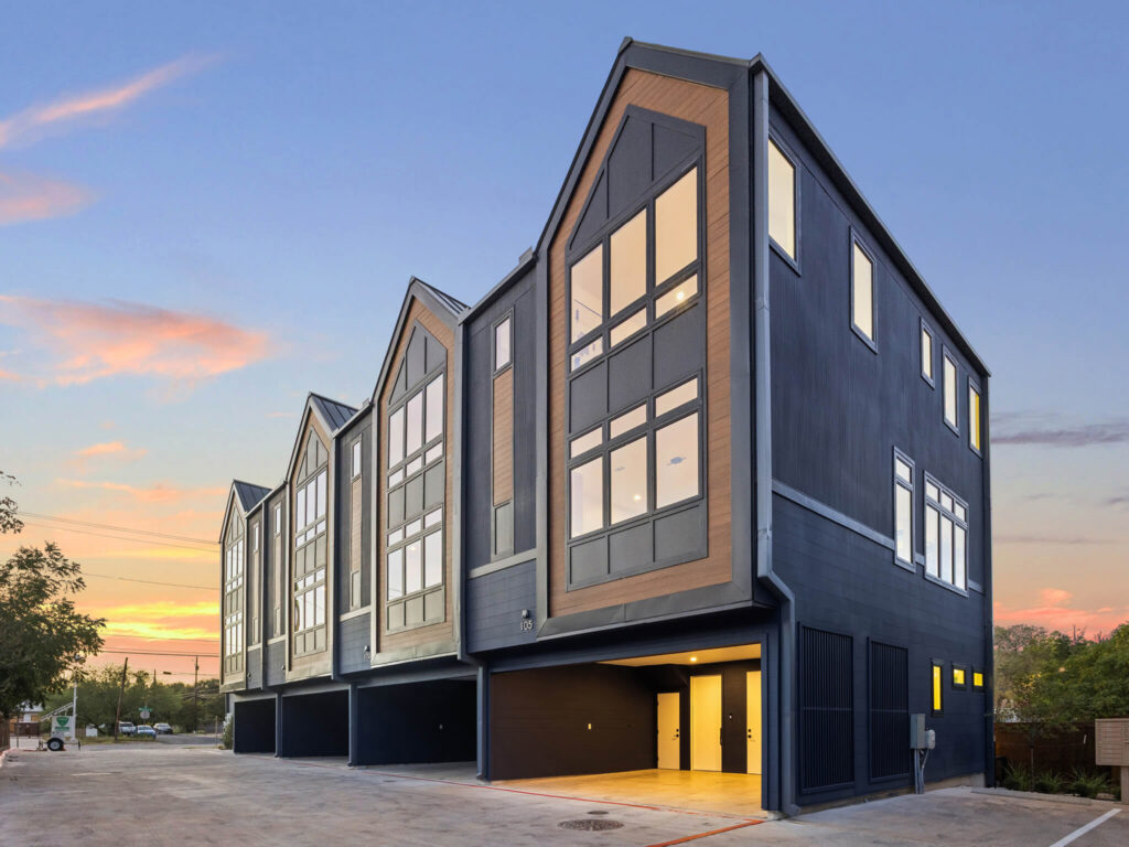 Exterior of modern residential townhomes for sale in Austin TX 78704