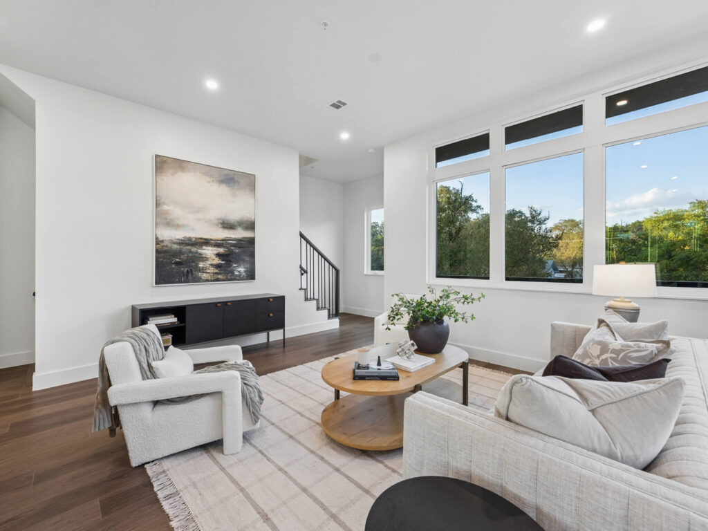 Interior view of the open-plan living room at 4101 Menchaca Road, Austin, TX 78704