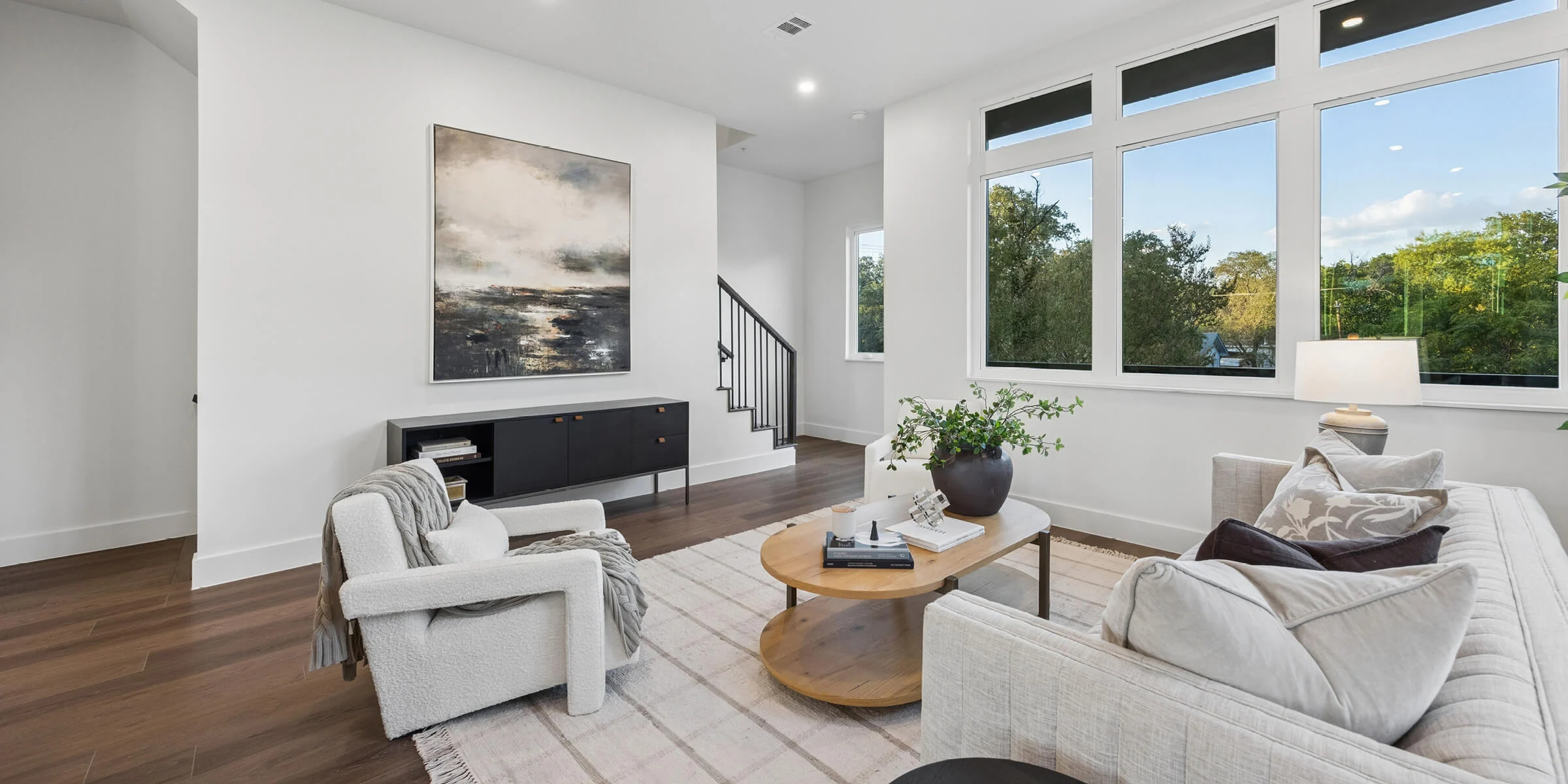Interior view of the open-plan living room at 4101 Menchaca Road, Austin, TX 78704
